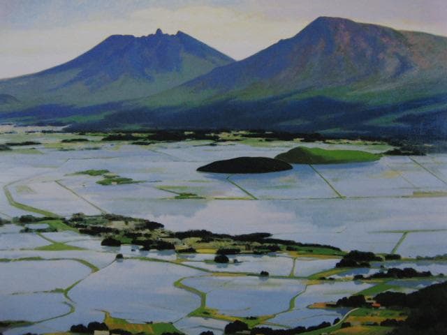 大森祥吾、田植季の阿蘇、希少な画集より、新品高級額・額装付、状態良好