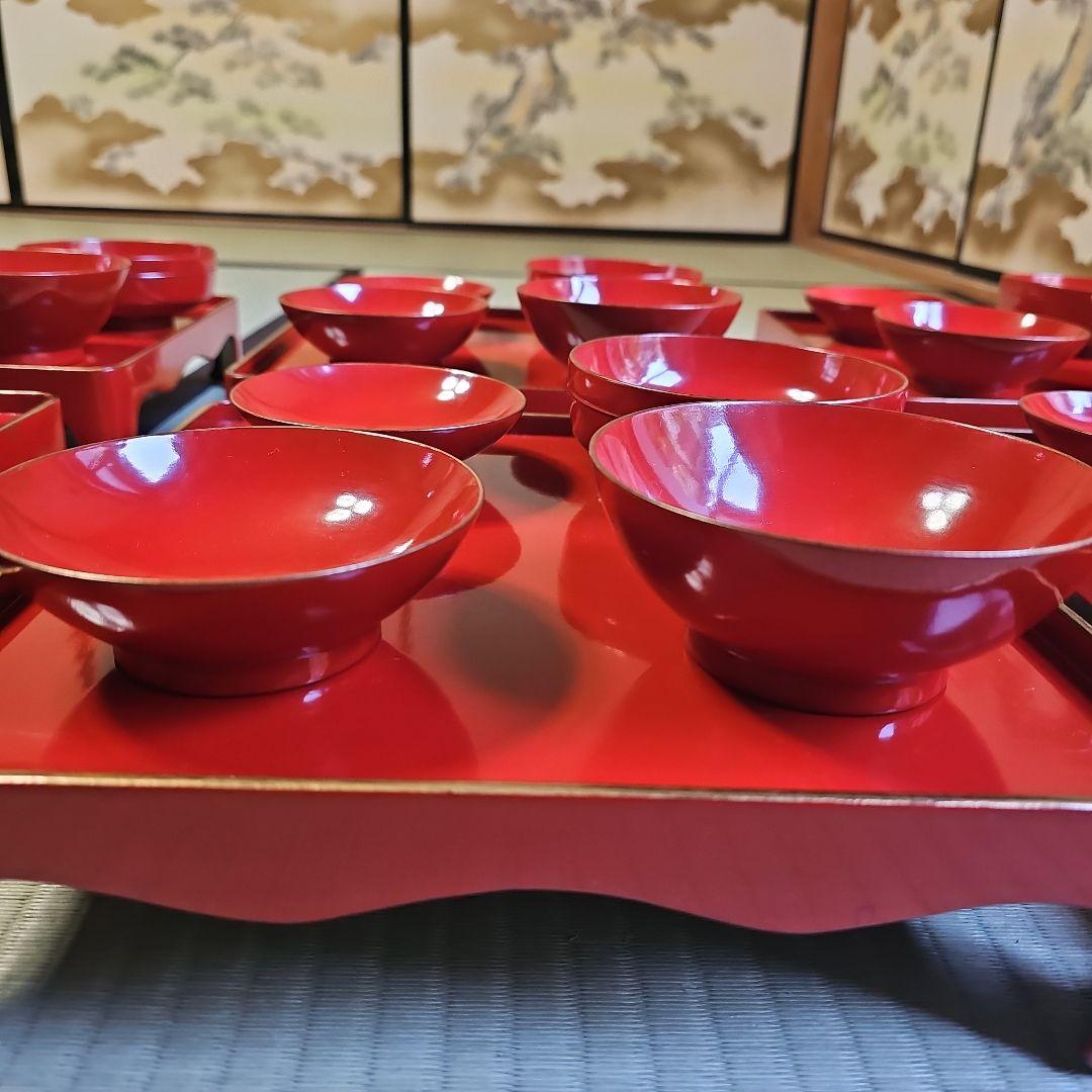 昭和レトロ/1950年代前半物】赤漆塗り お膳セット 金縁 会席膳 茶懐石6客