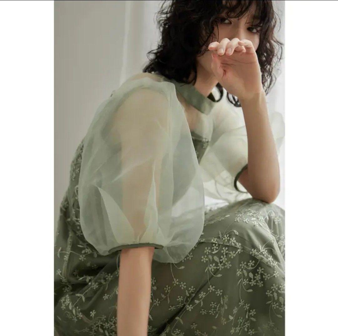 美品 niana ニアナ オーガンジーパフスリーブ刺繍レースドレス パーティー