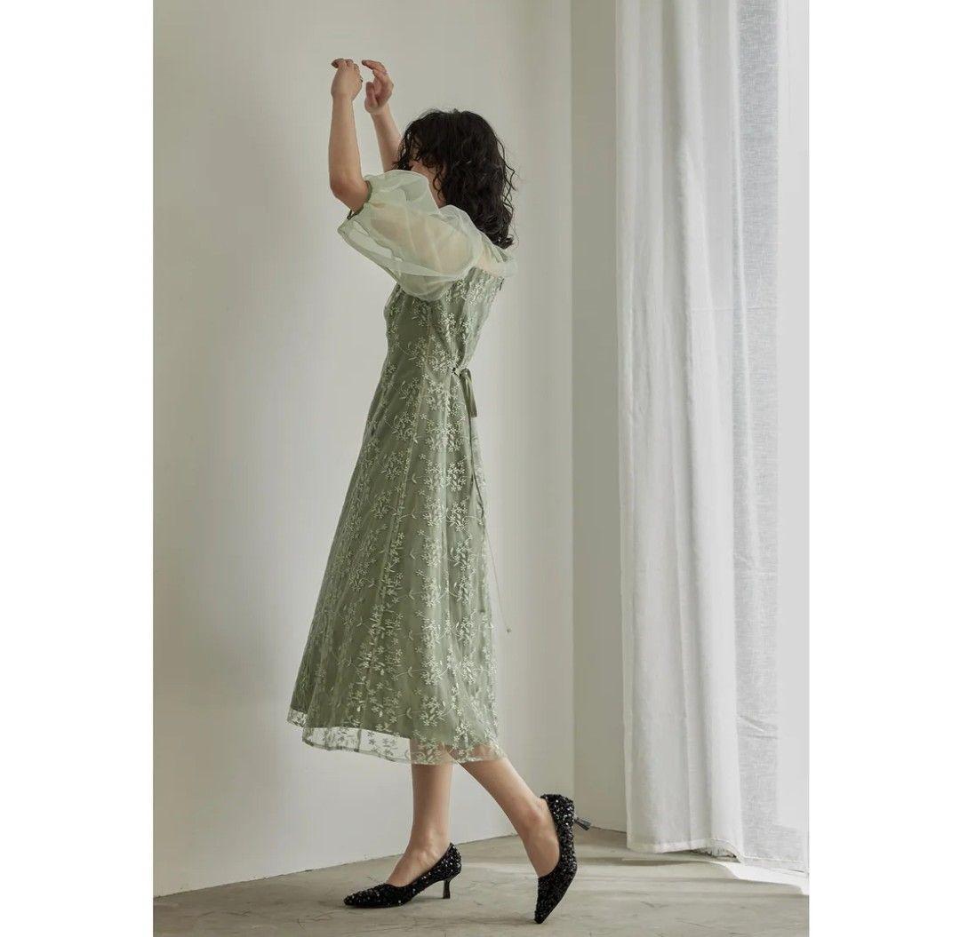 美品 niana ニアナ オーガンジーパフスリーブ刺繍レースドレス パーティー