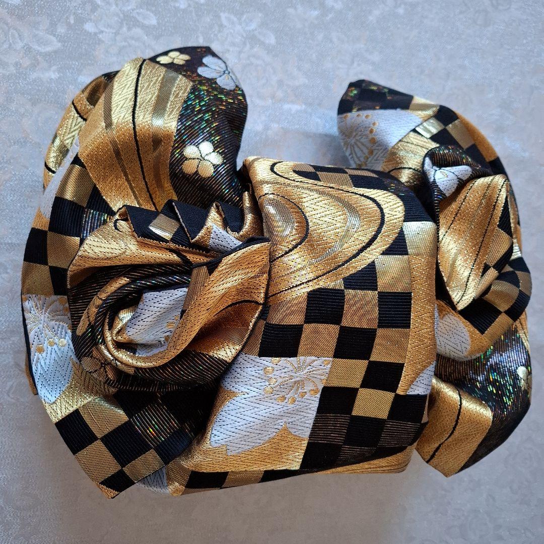 う*ば様 【K744】時短！ニ部式 作り帯 飾り結び 振袖 金&黒&ラメ 2wa