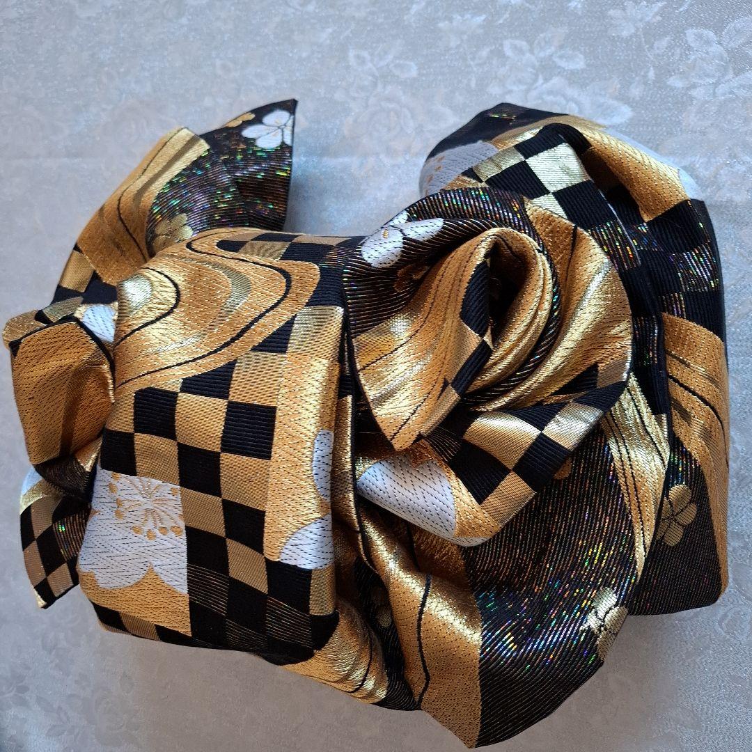 う*ば様 【K744】時短！ニ部式 作り帯 飾り結び 振袖 金&黒&ラメ 2wa
