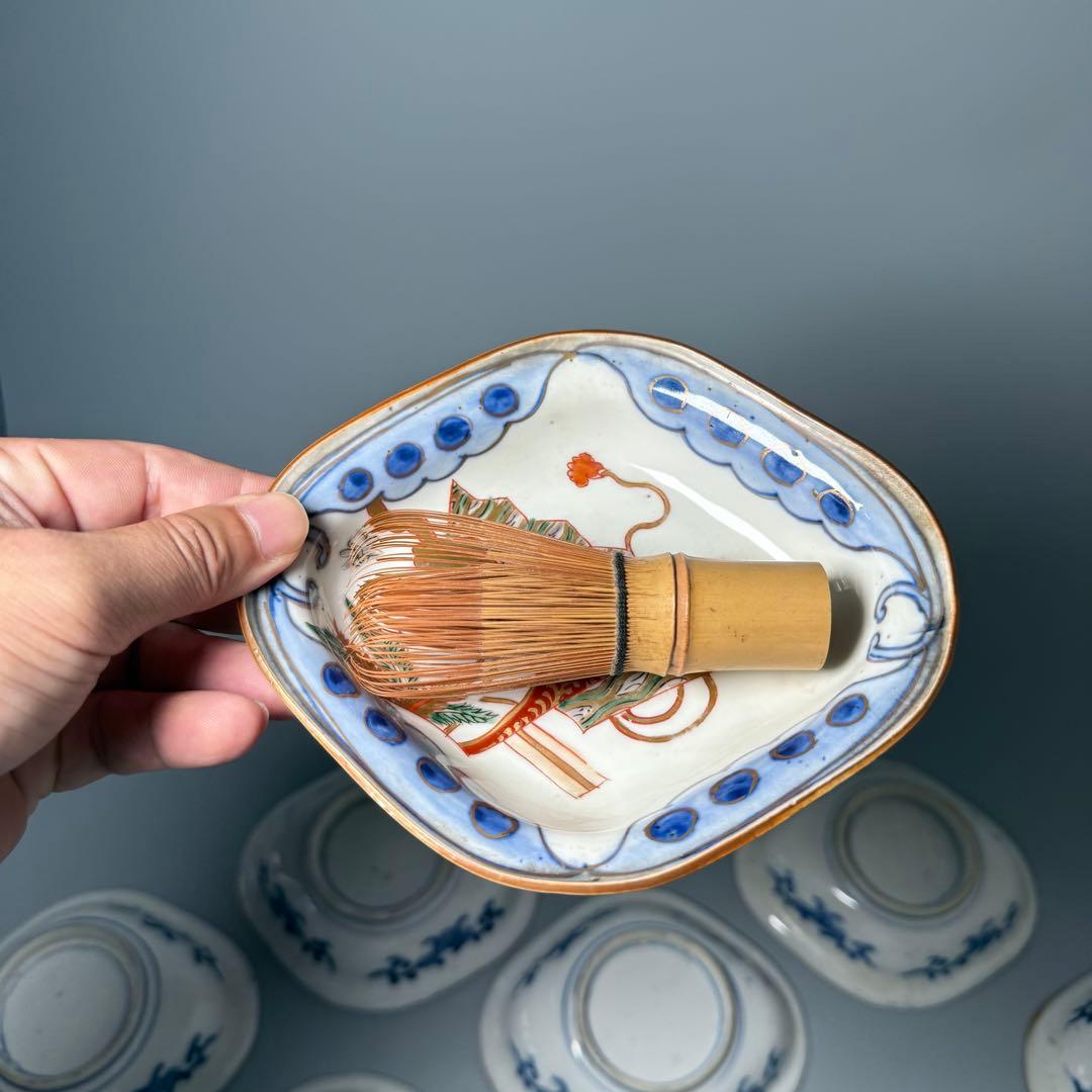 明治時代　色絵扇子文様菱形皿　10客　蝶　植物　古伊万里　アンティーク　食器