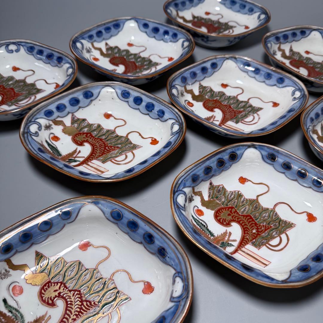 明治時代　色絵扇子文様菱形皿　10客　蝶　植物　古伊万里　アンティーク　食器