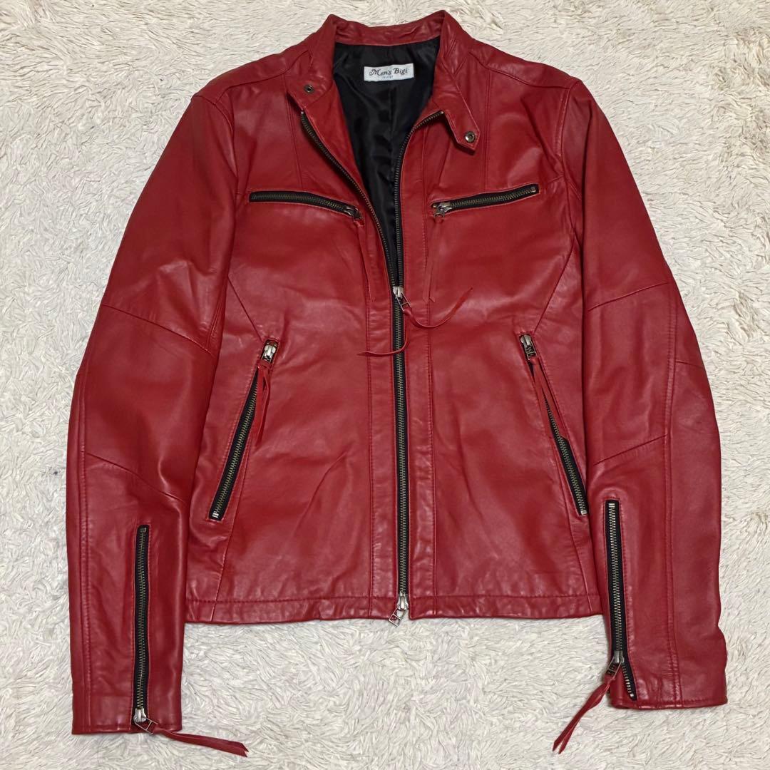MEN'S BIGI 本革 羊革 ラムレザー 赤 レッド シングル ライダース