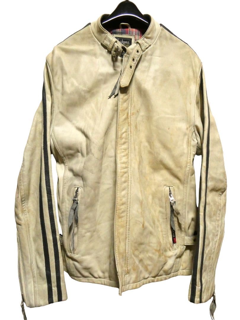 ショットクラシックレーサーLヴィンテージ加工ライン入りライダースアイボリー