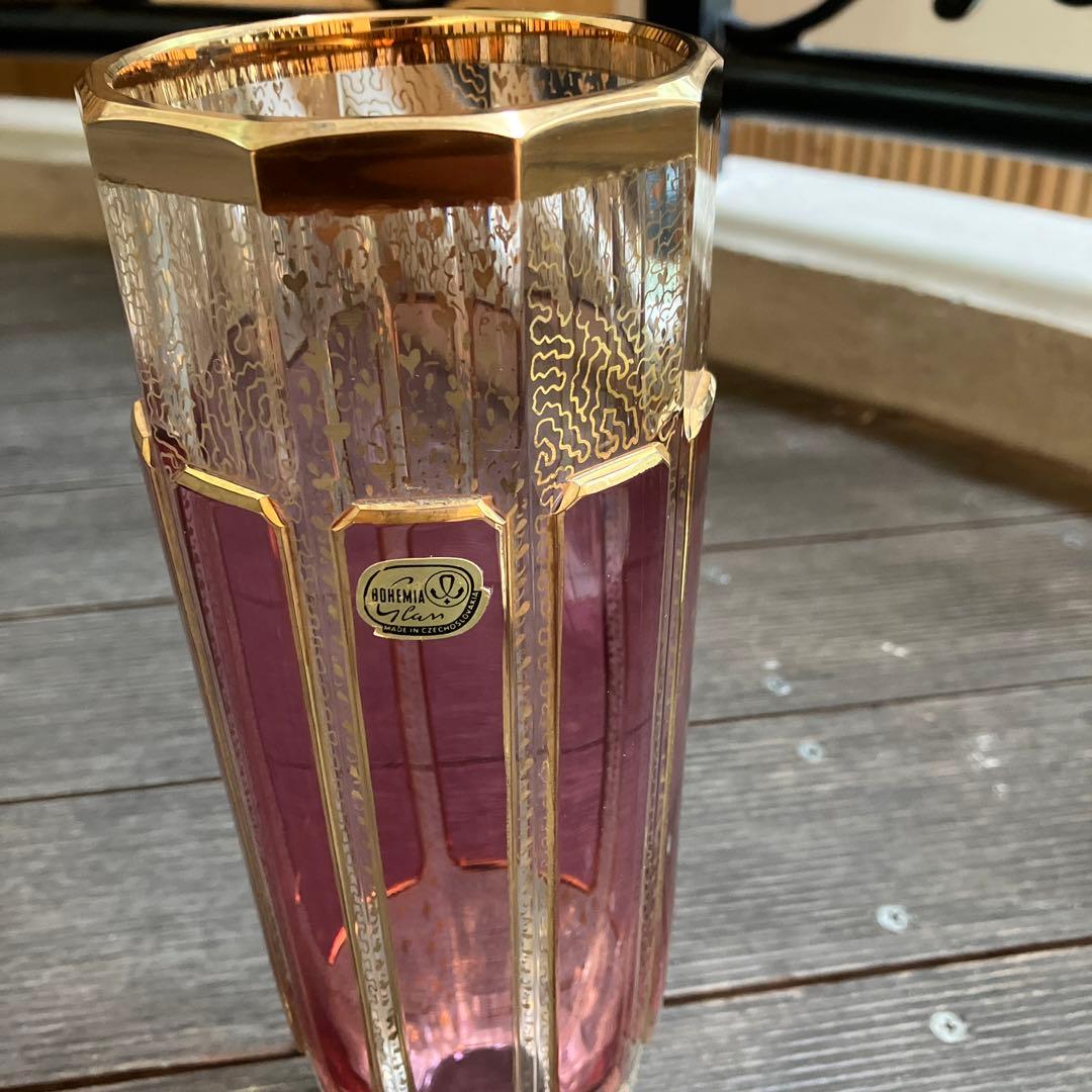 Bohemia ボヘミアガラス パネル花瓶　金彩 レリーフ フラワーベース