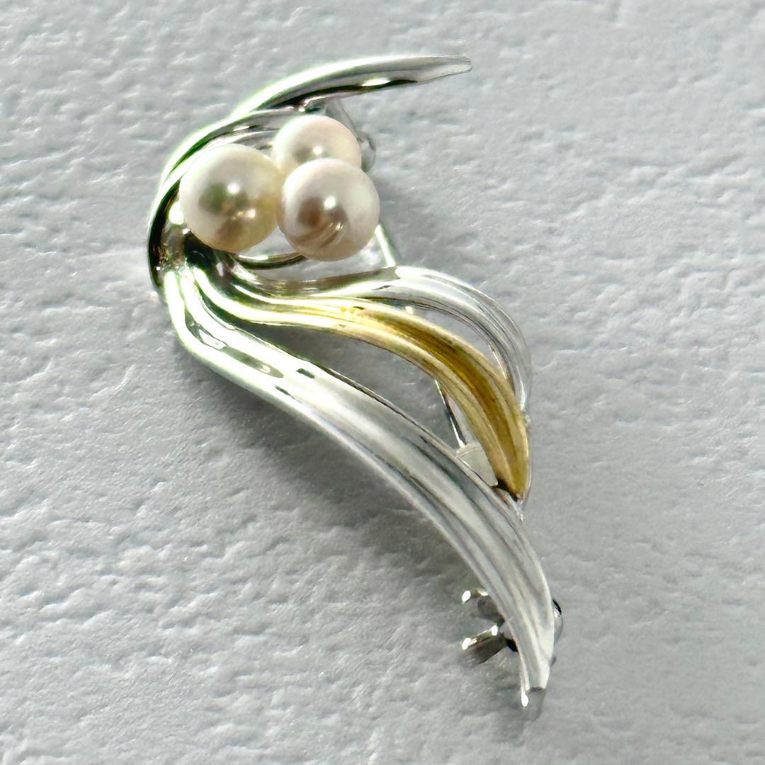 TASAKI　タサキ　3珠　パール付　コンビ　ブローチ　シルバー　K18