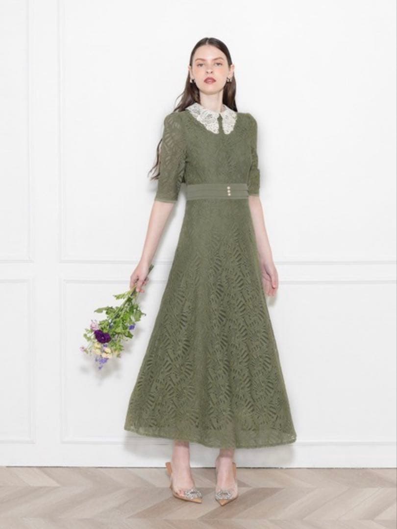 【LEJA】レースビッグカラー花柄刺繍ウエストマークロングフレアドレスワンピース