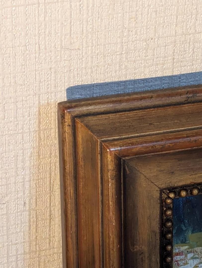 【真作】絵画　油彩0号　地中海の風景画　青い海の見える街　W149