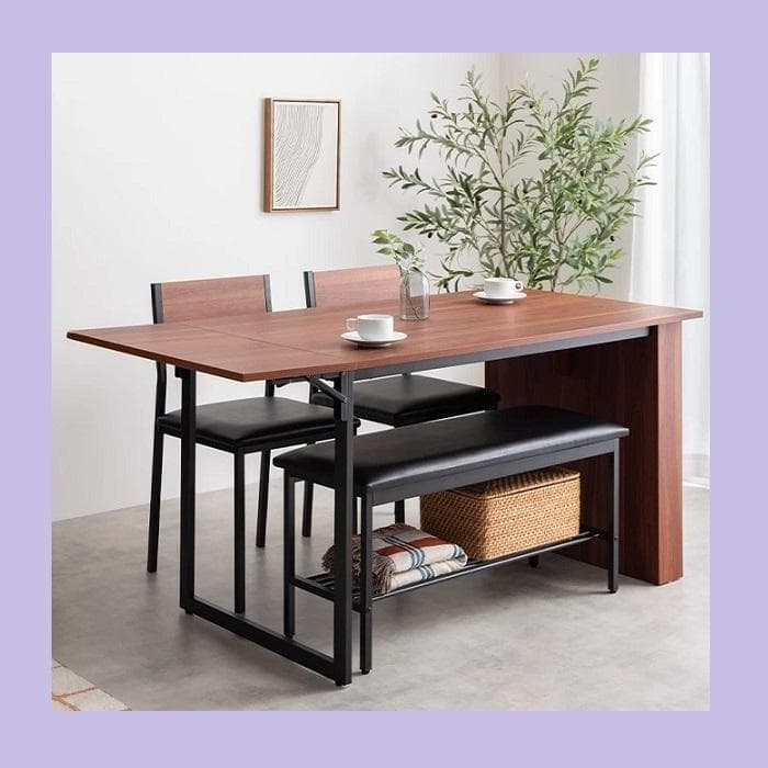 カフェ風 伸縮式 収納付 ダイニングセット 4点セット テーブル チェア ベンチ