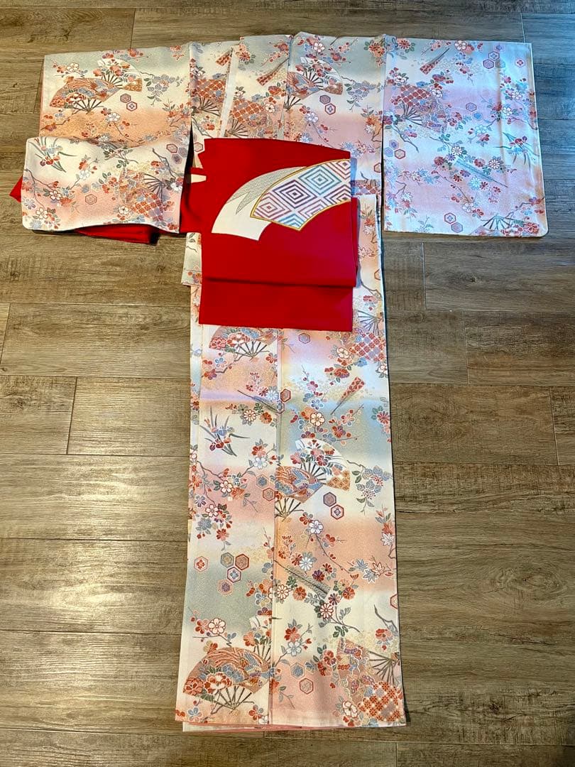 高島屋 花柄 小紋 着物（はぎれ付）と帯・帯揚げ・帯締セット