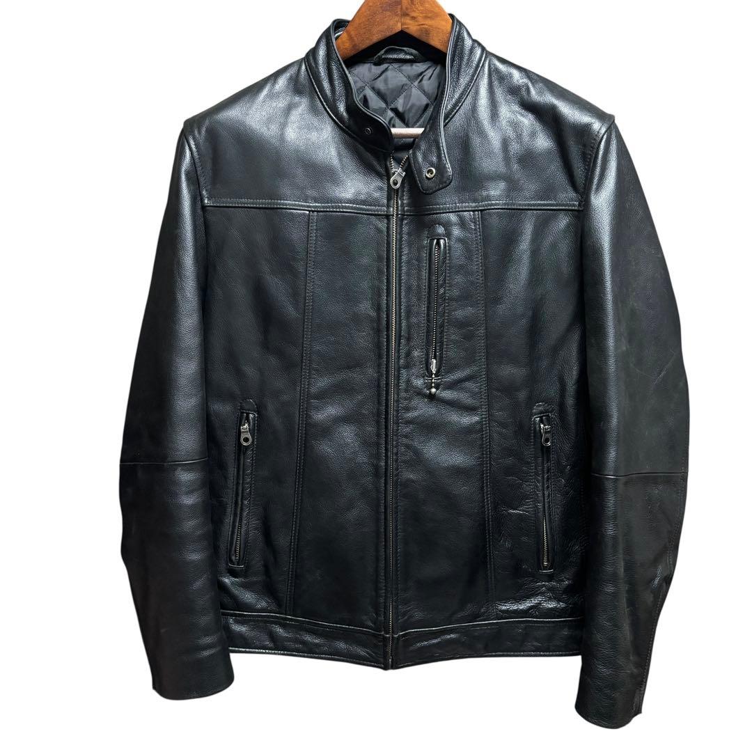 美品 OLD UNIQLO ユニクロ 牛革 ライダースジャケット ブラック Ｌ