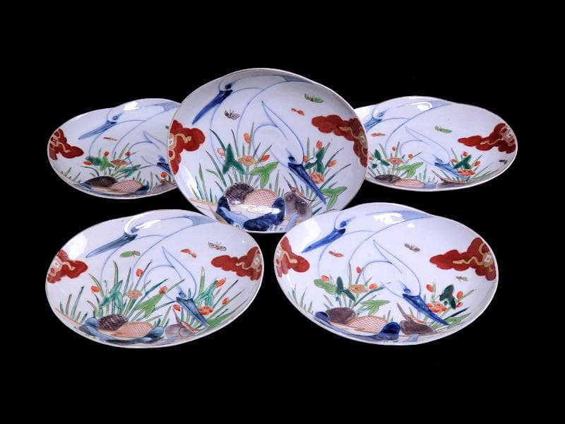 辻製　宮内庁御用達　色絵　双鷺に沢瀉の図　変形皿　５客　E943AS-fbrｍ