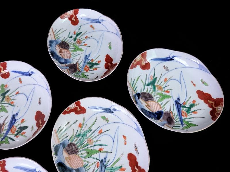 辻製　宮内庁御用達　色絵　双鷺に沢瀉の図　変形皿　５客　E943AS-fbrｍ