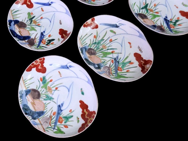 辻製　宮内庁御用達　色絵　双鷺に沢瀉の図　変形皿　５客　E943AS-fbrｍ