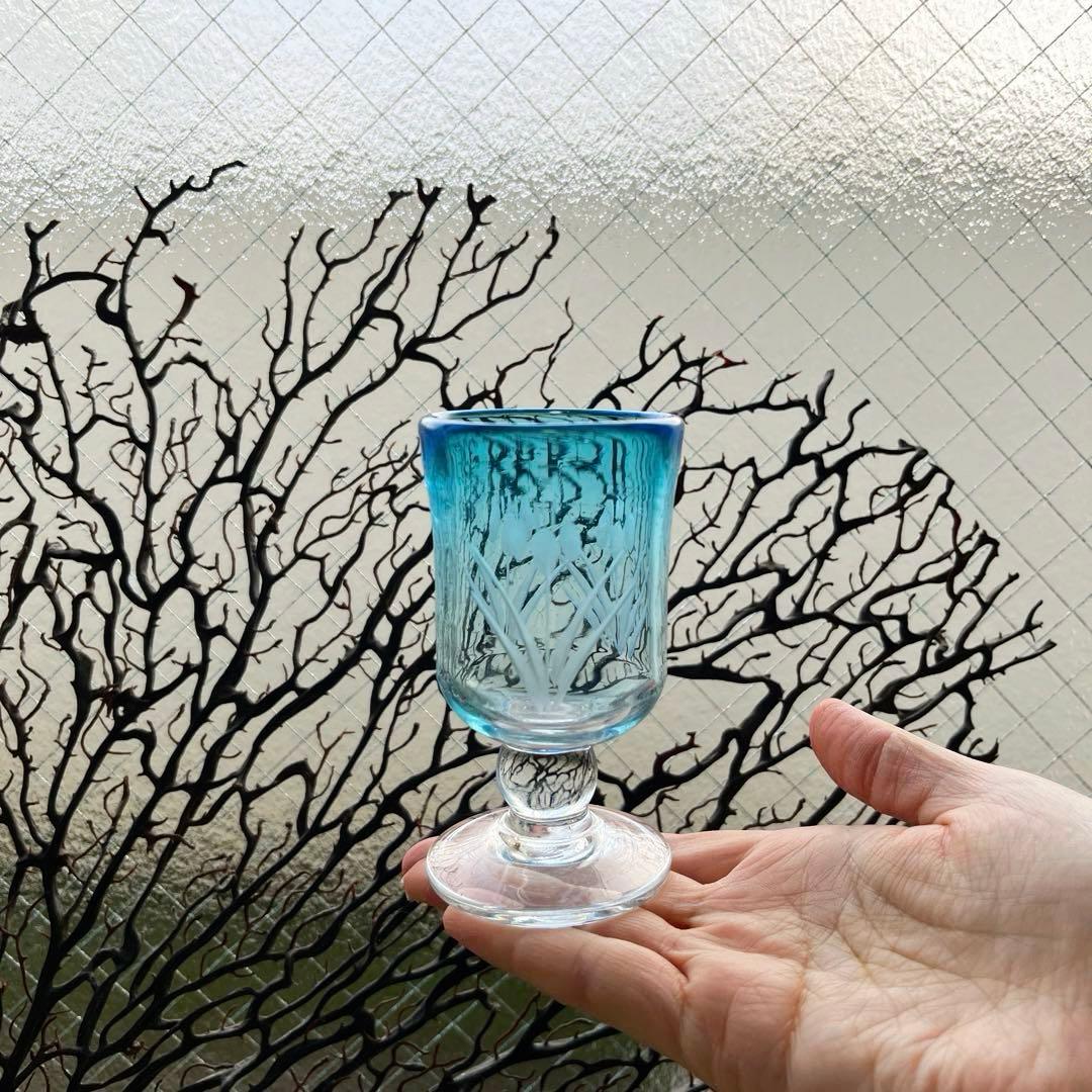 骨董　時代ガラス　青被せ　希少　菖蒲紋切子　ベル型氷コップ　ウラン１客