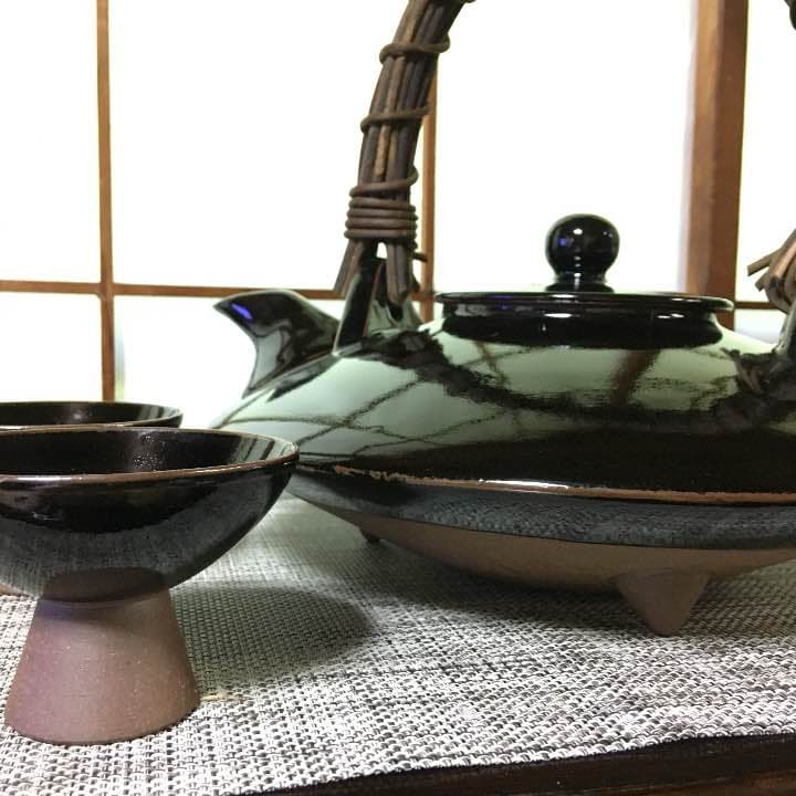 荒木陶窯 苗代川焼 黒茶家セット 木箱入り未使用品