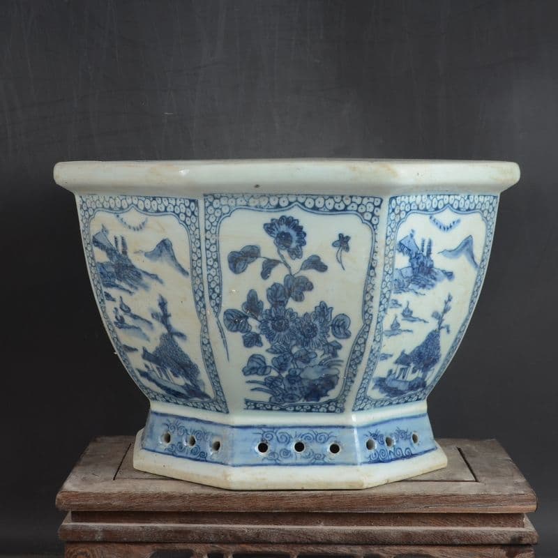 八方青花亭台楼高足鉢 景徳鎮 陶磁器 装飾品 現代工芸品 美術品 置物