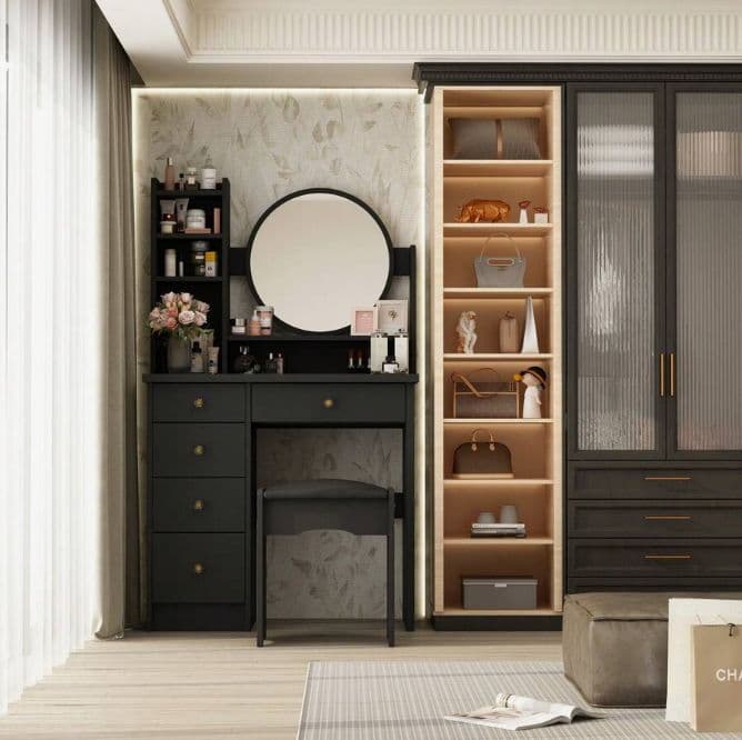 北欧風ドレッサー 円形女優ミラー 引き出し 5 杯 スツール付き 寝室化粧台