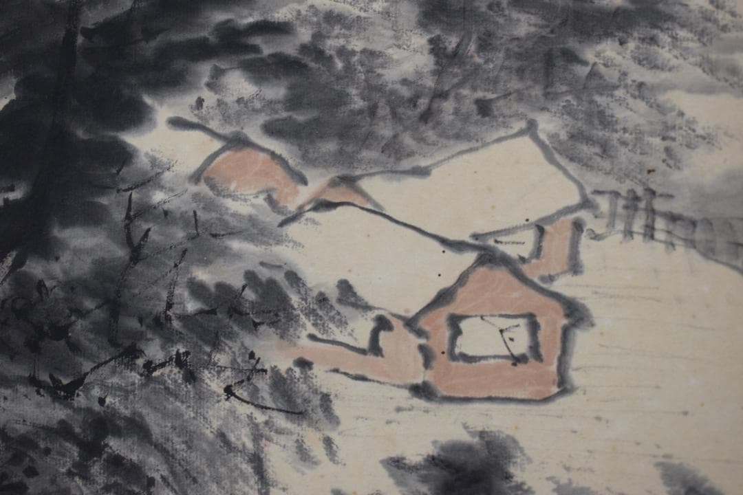 【真作】谷秋渚/山水画賛/山村図/掛軸☆宝船☆Z-586