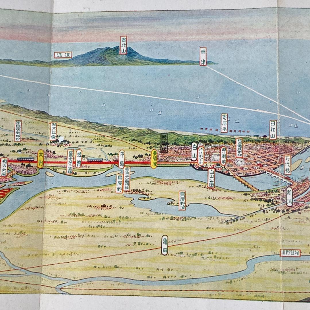 処分 新潟周辺 新潟電鐵 路線図 名所案内 金子高光 鳥瞰図 昭和8年