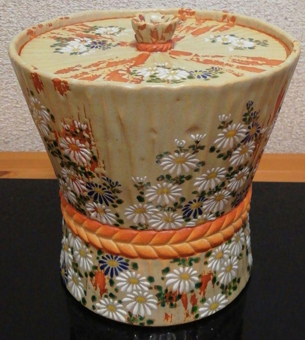 中村秋峰作　灰釉　菊絵　水指　共箱　共布　茶道具