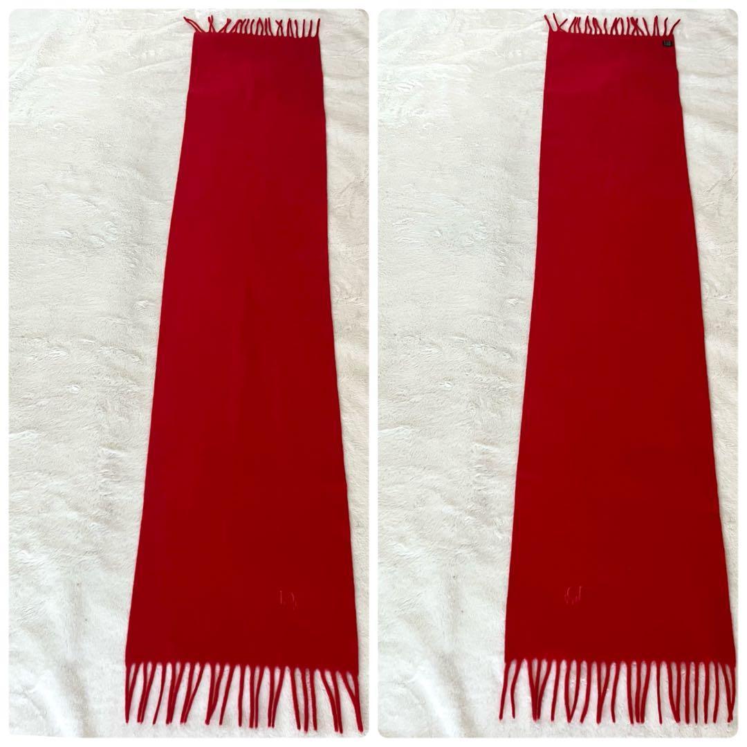 クリスチャンディオール カシミヤ100% ロゴ刺繍 フリンジマフラー レッド