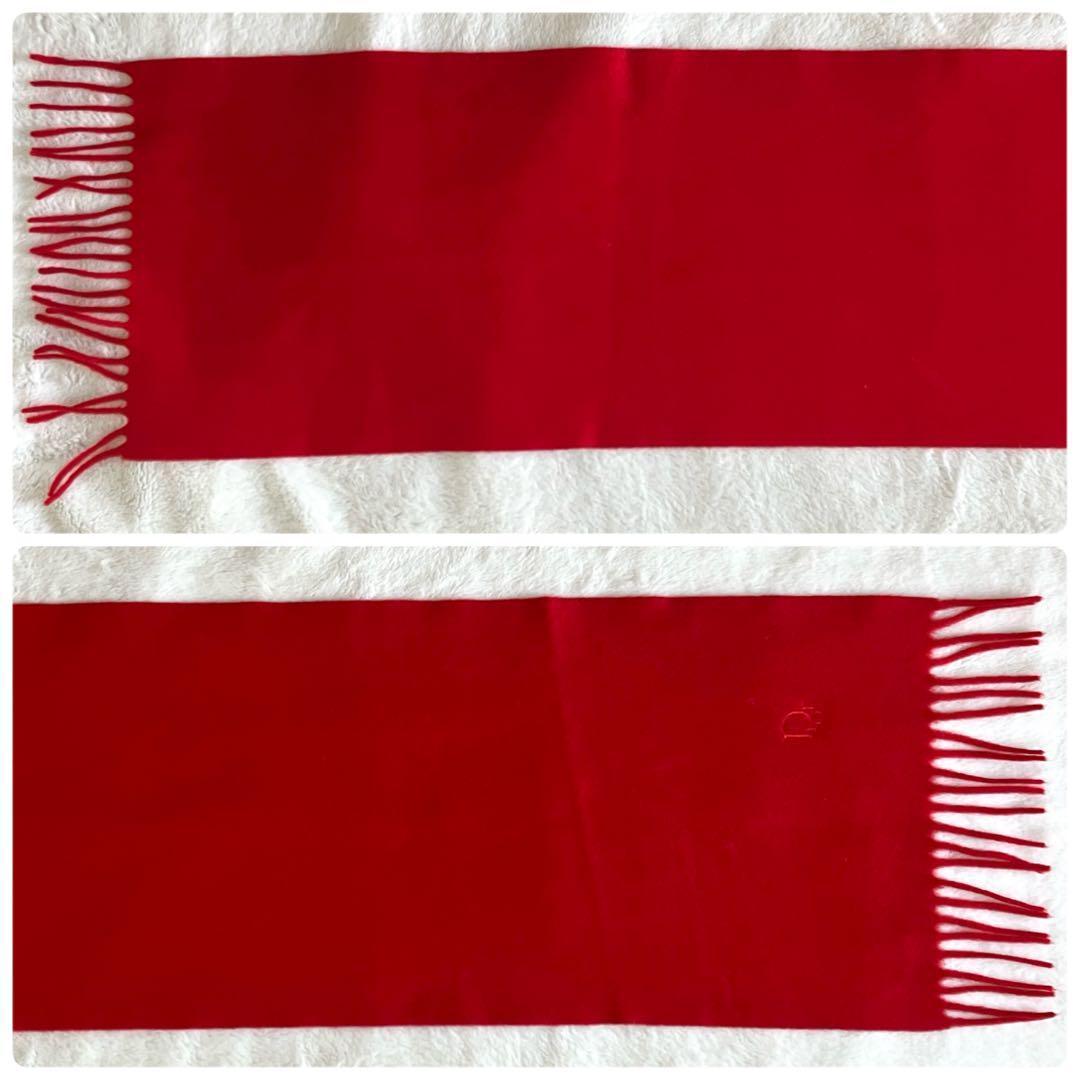 クリスチャンディオール カシミヤ100% ロゴ刺繍 フリンジマフラー レッド