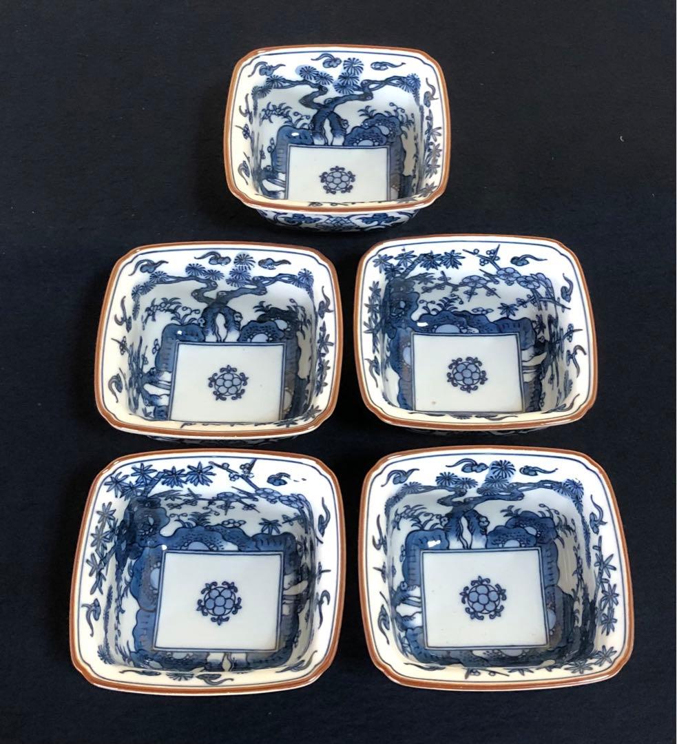 《レ》有田焼 源右衛門作 染付松竹梅 角小鉢5客 共箱 251201お2