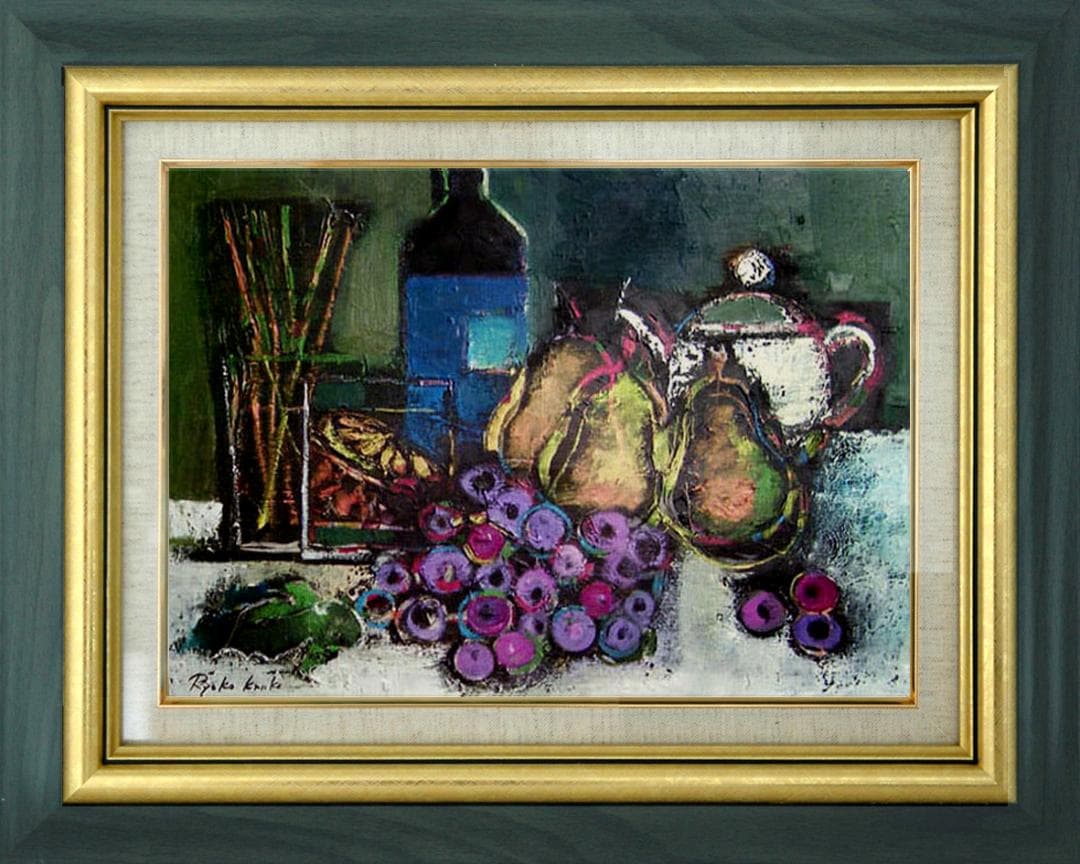 油絵 絵 絵画インテリア 額付(青緑＋金色の枠) uF6-061504 静物果物