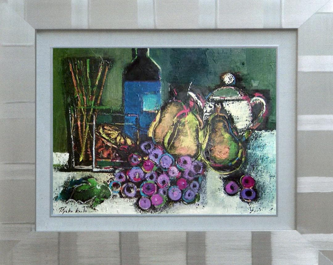 油絵 絵 絵画インテリア 額付(青緑＋金色の枠) uF6-061504 静物果物