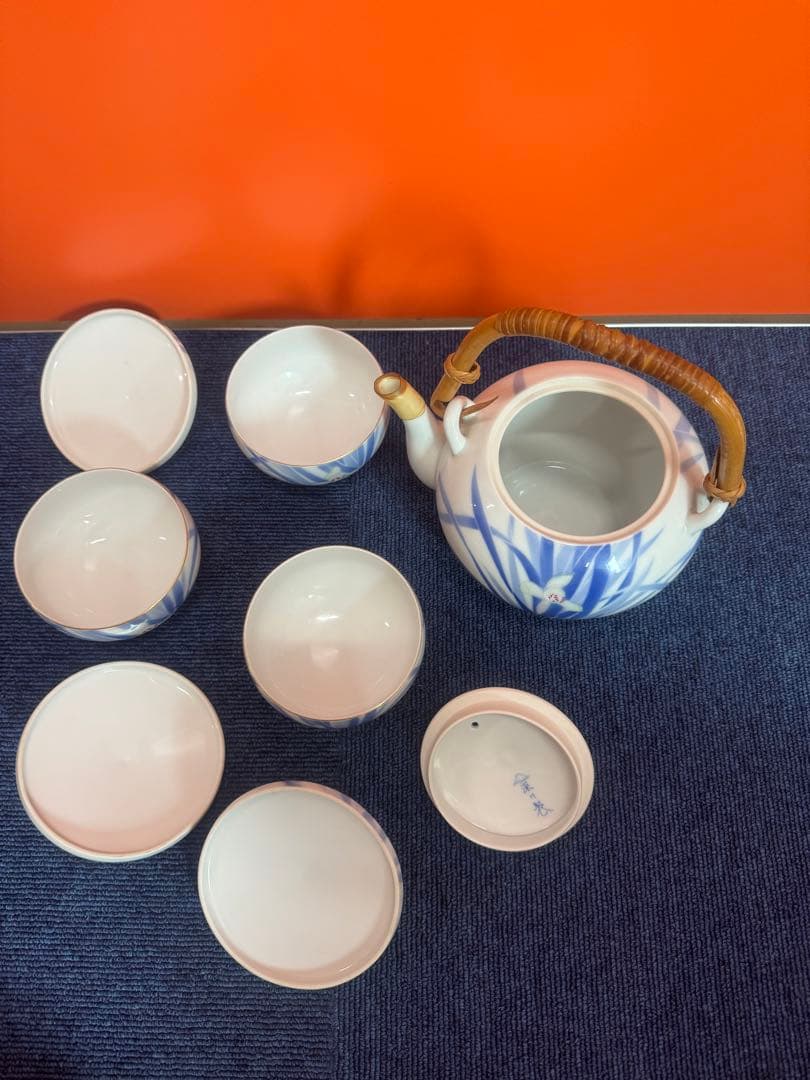 1702 深川製磁  菖蒲  茶器セット　急須1客　湯呑蓋付3客