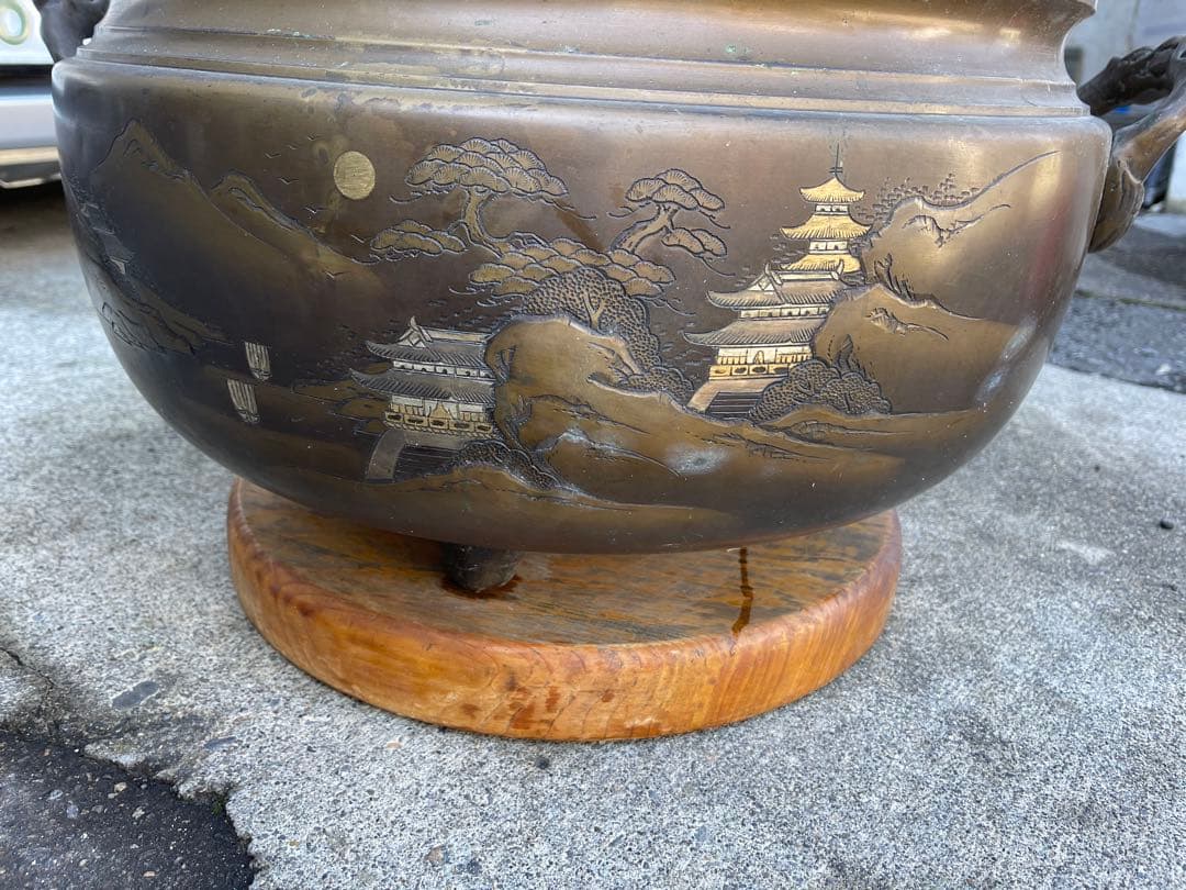 アンティーク　火鉢　昭和　木製台座　大型