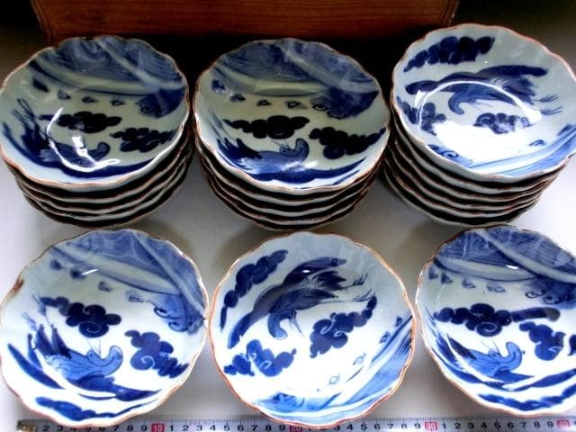 皿■古伊万里染付なます皿 19客 鶴 雲 鳥 蛇の目高台 古い膾皿 骨董品■