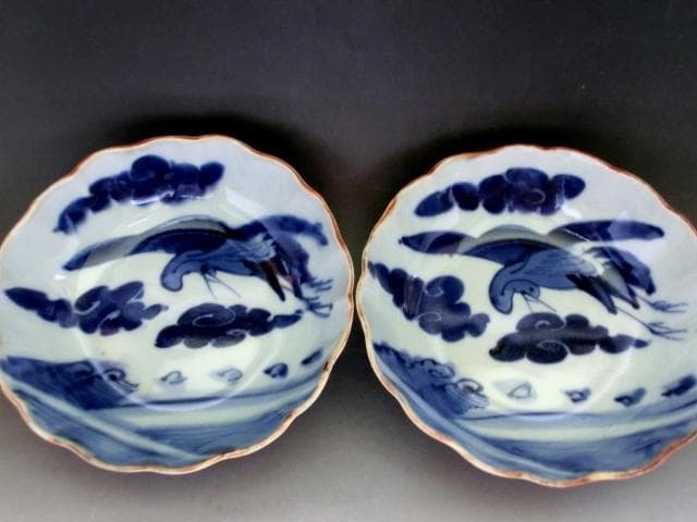 皿■古伊万里染付なます皿 19客 鶴 雲 鳥 蛇の目高台 古い膾皿 骨董品■