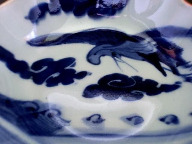 皿■古伊万里染付なます皿 19客 鶴 雲 鳥 蛇の目高台 古い膾皿 骨董品■
