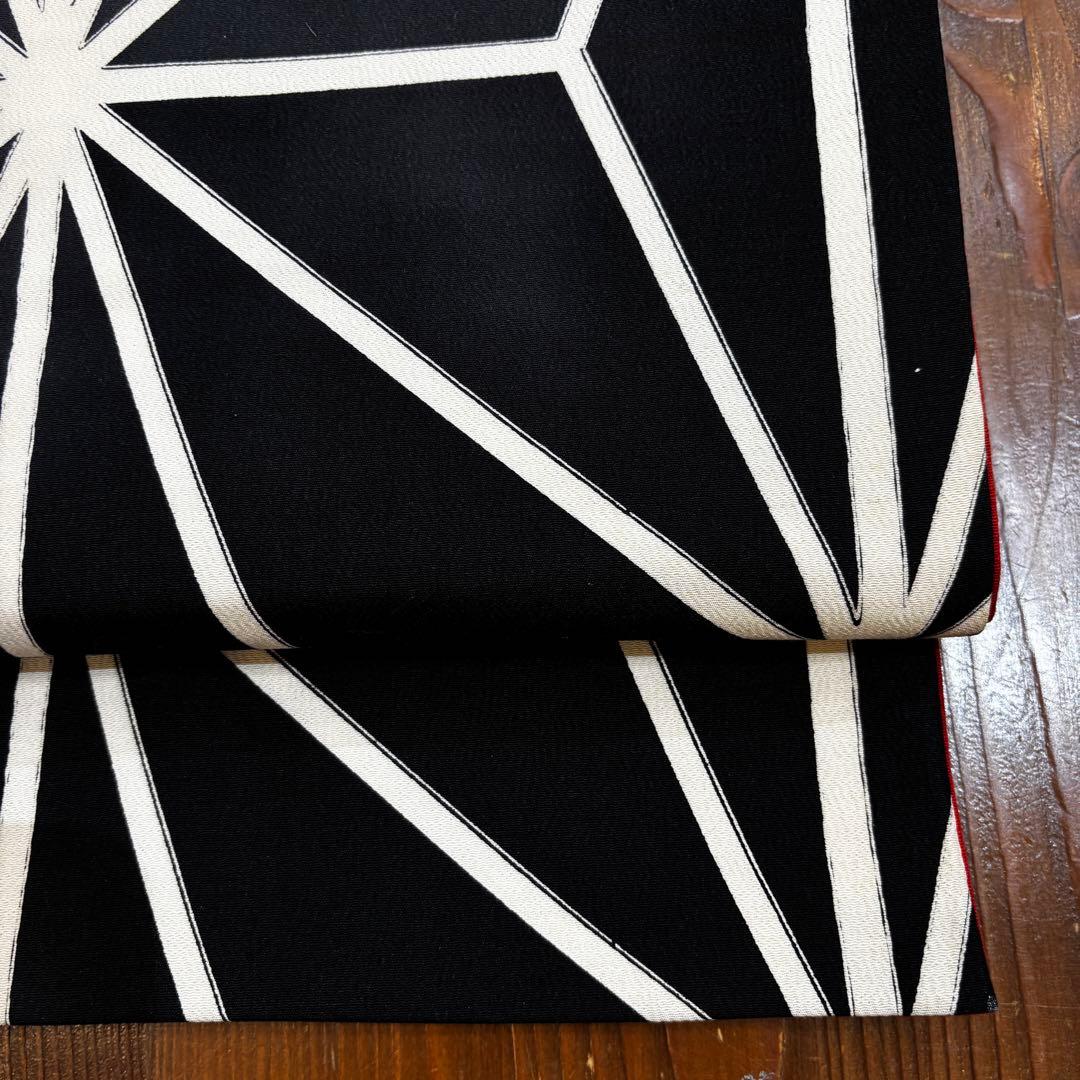 京袋帯　黒に麻の葉模様　全通　長さ365 レトロモダン o1587