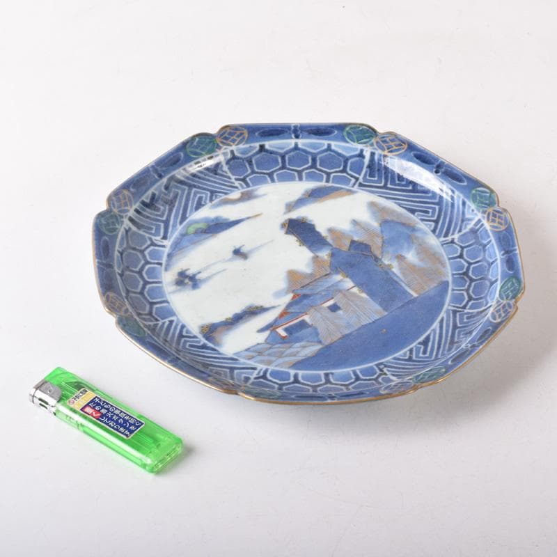 伊万里焼　古伊万里　富長貴春　染付　山水文　輪花皿　時代箱付　C　8264