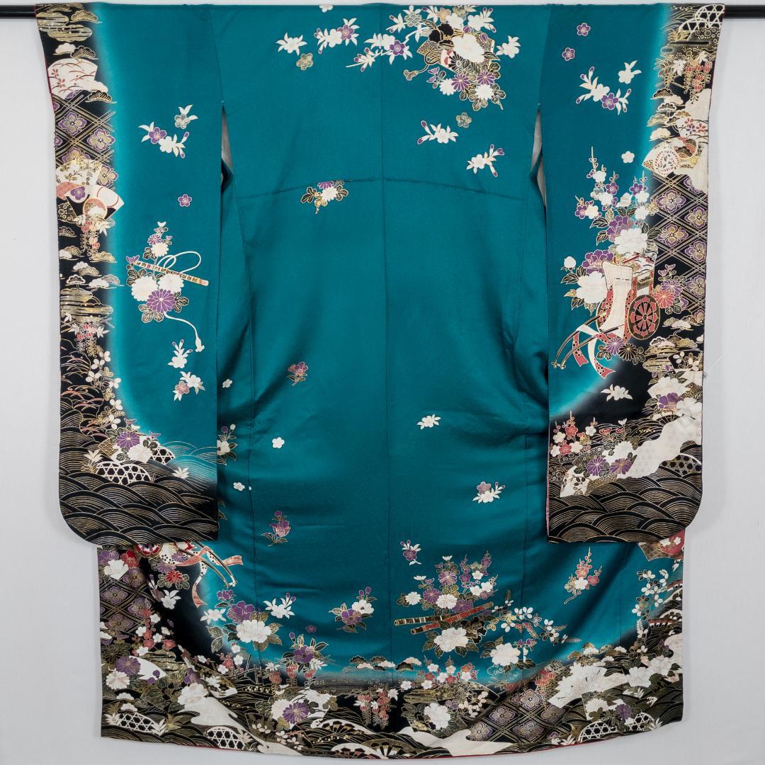 R7SK1329 振袖+帯 2点セット 花々 御所車 波 青緑 ゴールド 六通柄