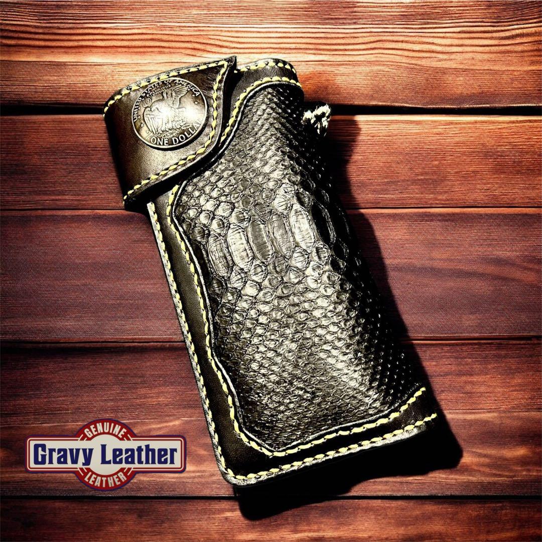 最高級 ブラックパイソン本革 長財布 栃木レザー Gravy Leather