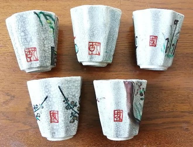 色絵角皿+猪口　5客