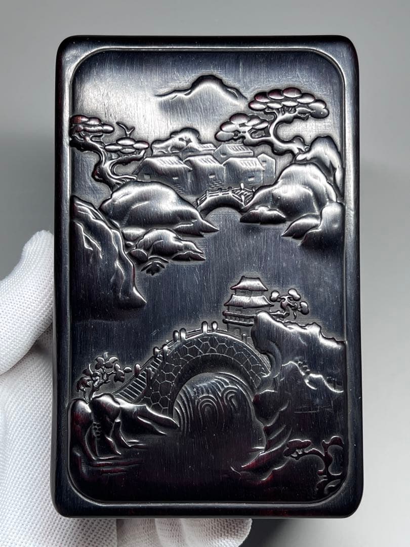 木製　小物入れ　硯箱　山水紋　浮き彫り　極細工　文房具　中国美術　唐木黑檀