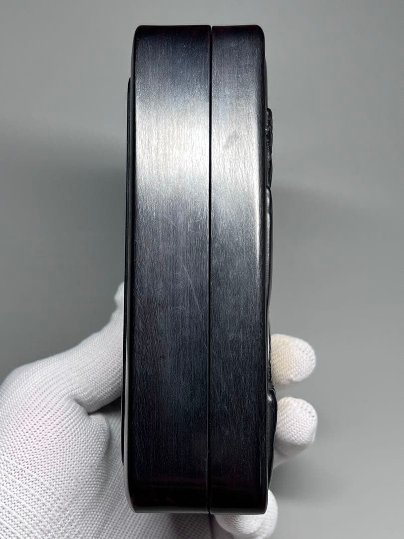 木製　小物入れ　硯箱　山水紋　浮き彫り　極細工　文房具　中国美術　唐木黑檀