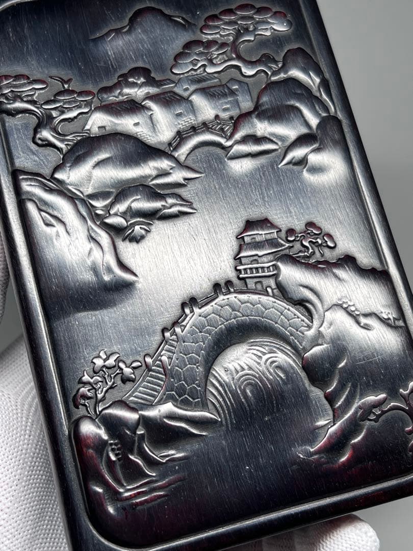 木製　小物入れ　硯箱　山水紋　浮き彫り　極細工　文房具　中国美術　唐木黑檀