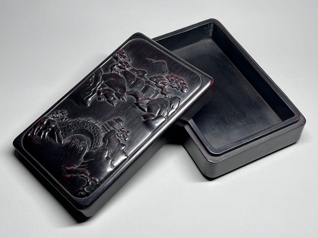 木製　小物入れ　硯箱　山水紋　浮き彫り　極細工　文房具　中国美術　唐木黑檀