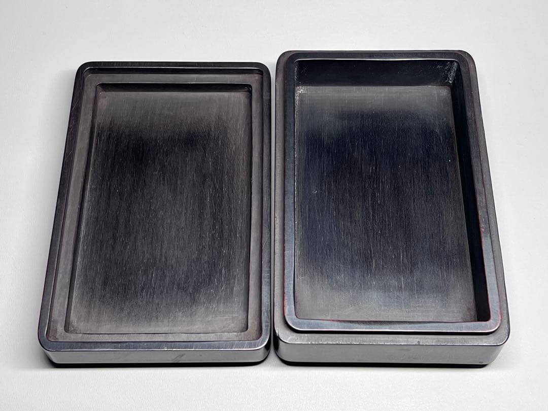 木製　小物入れ　硯箱　山水紋　浮き彫り　極細工　文房具　中国美術　唐木黑檀