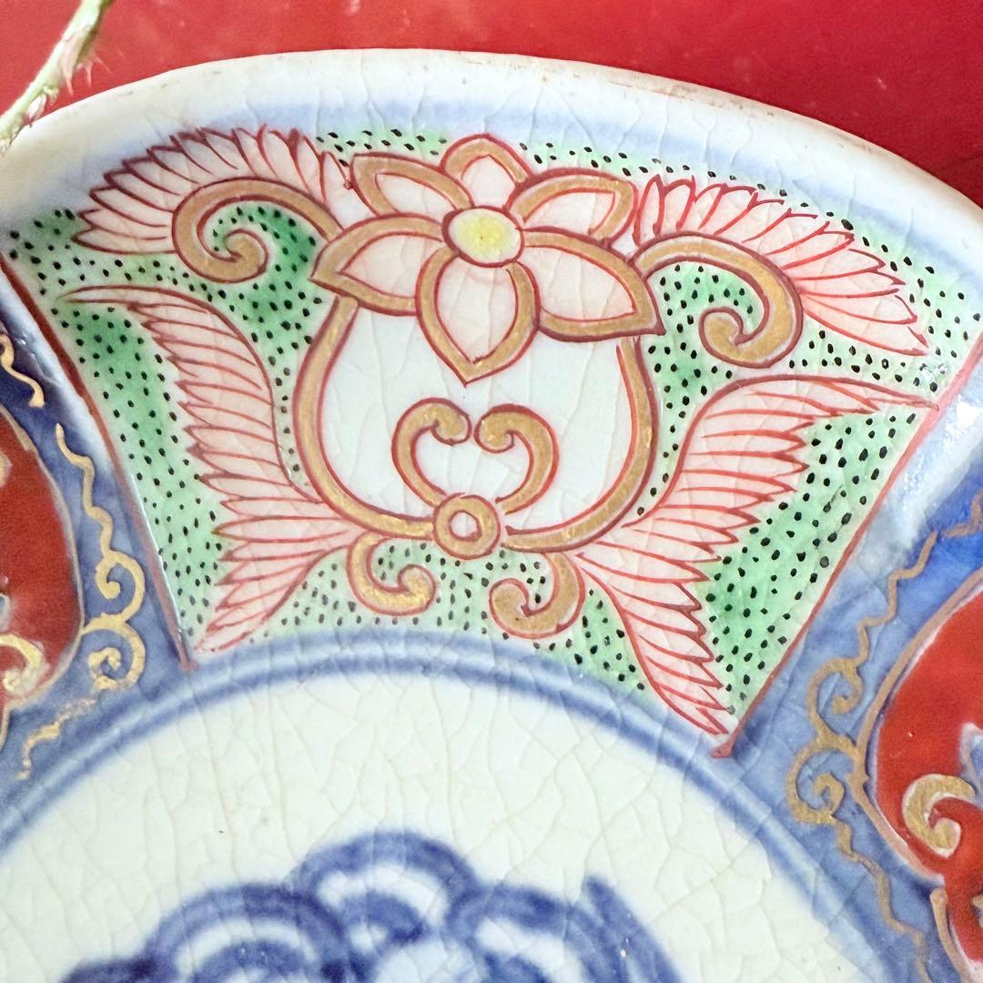 2208様感謝‼️明治27年‼️超絶伊万里錦手　軍配❌瓔珞文　輪花縁小皿5客高橋氏