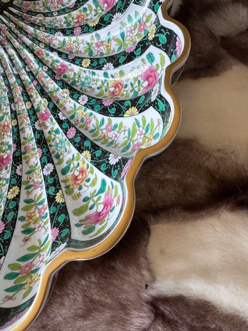 HERENDヘレンド　西安の黒　41cm 脚付き貝形大鉢シェルトレイ　マンダリン