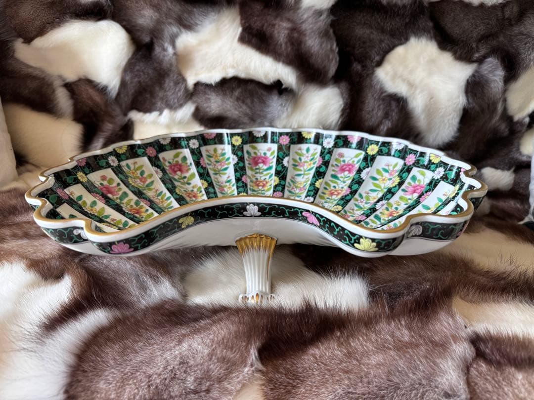 HERENDヘレンド　西安の黒　41cm 脚付き貝形大鉢シェルトレイ　マンダリン